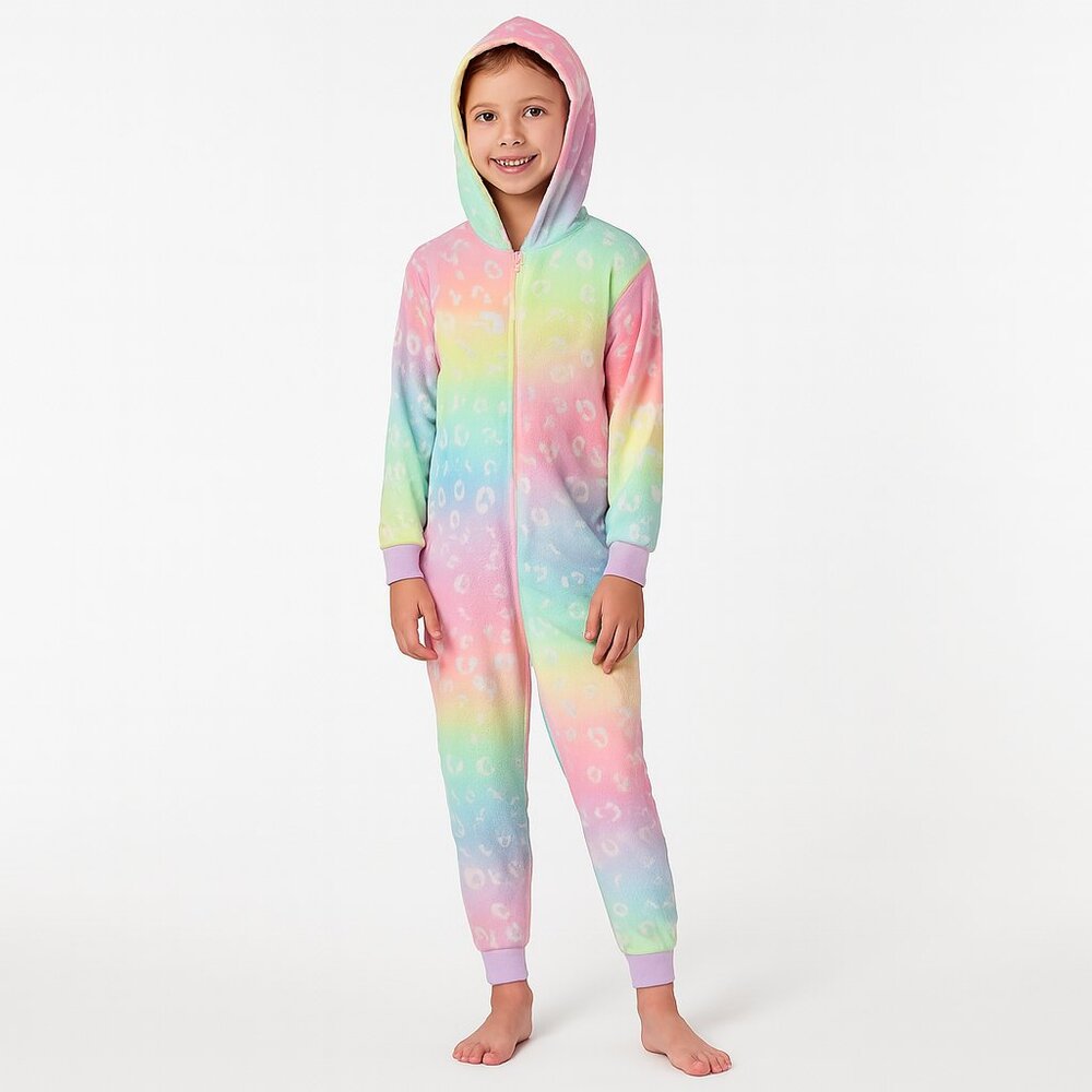 wonder nation Hooded Fleece Pajama Full Zip Multicolor Pastels Medium 7-8